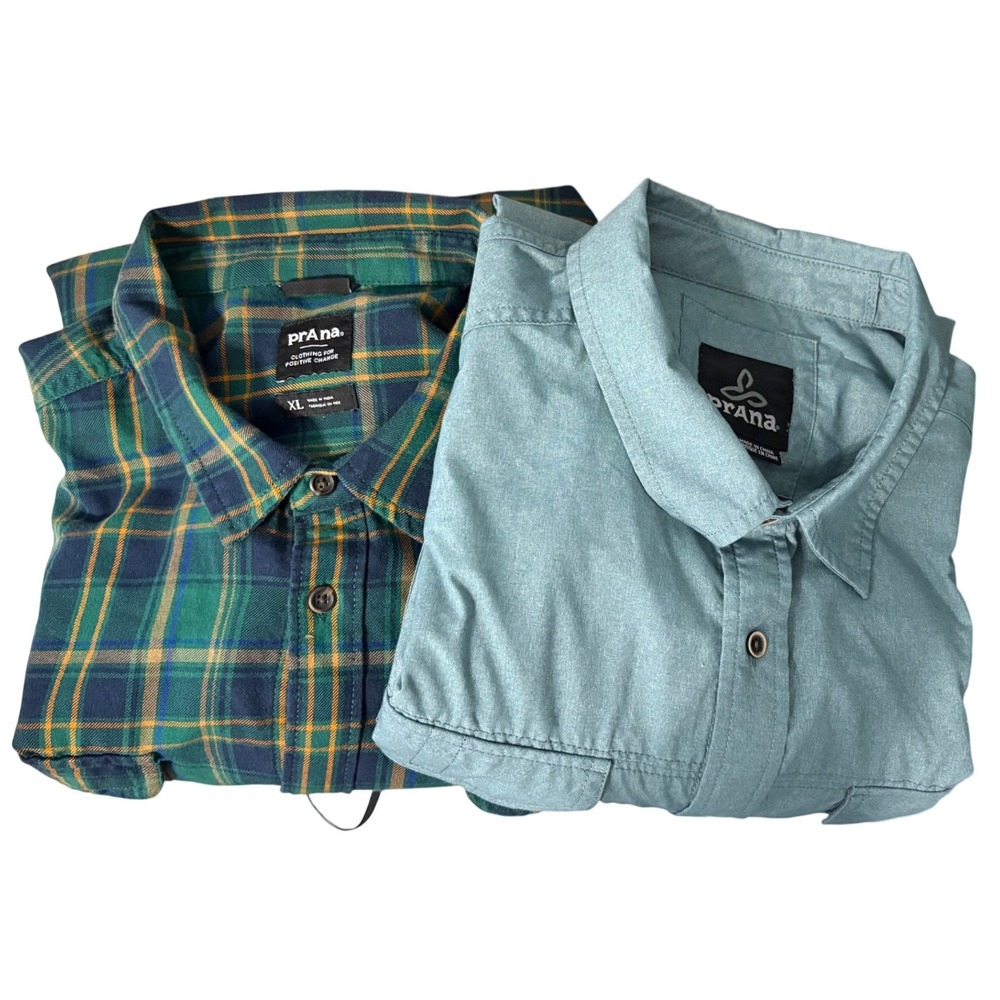 Prana Mens Long Sleeve Button Down Shirt Bundle 2pk Plaid Solid Green Blue XL